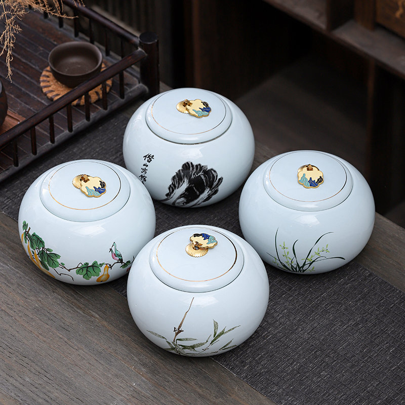 Coffee Tea And Bean Leaf - Niebiesko-zielona porcelanowa dóza na herbatę, okrągła